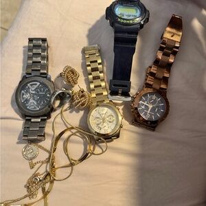 Gold and Silver watch, necklace, earrings ring Set